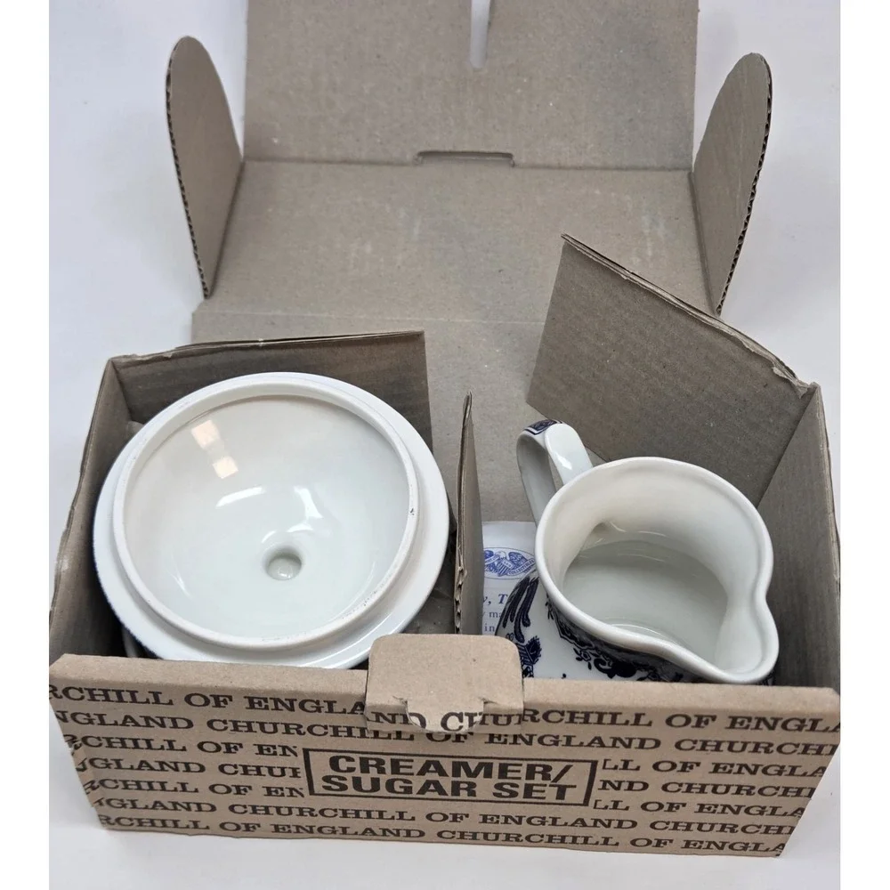 Churchill Blue Willow England Creamer Sugar Bowl Set New in Original Box